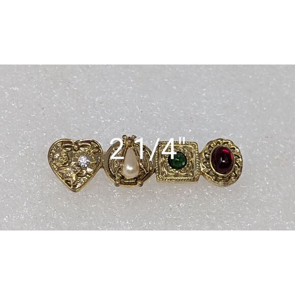 Vintage Gold Tone Bar Pin Brooch Faux Pearl Rhinestone 2 1/4" - Picture 2 of 4